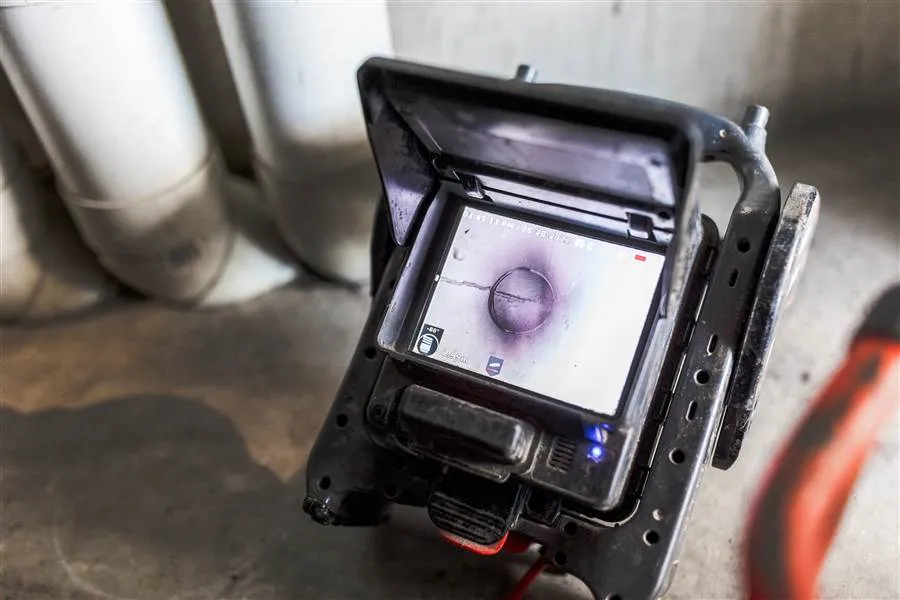 CCTV drain camera monitor on site showing a blockage inside the pipe