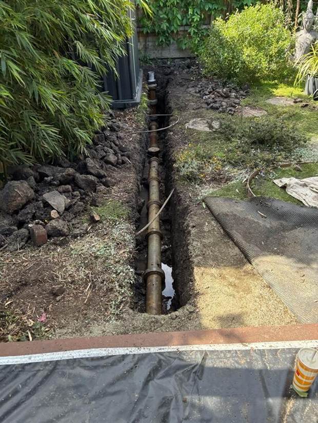 The exposed sewer line in a narrow excavation along the garden bed at the Brunswick job