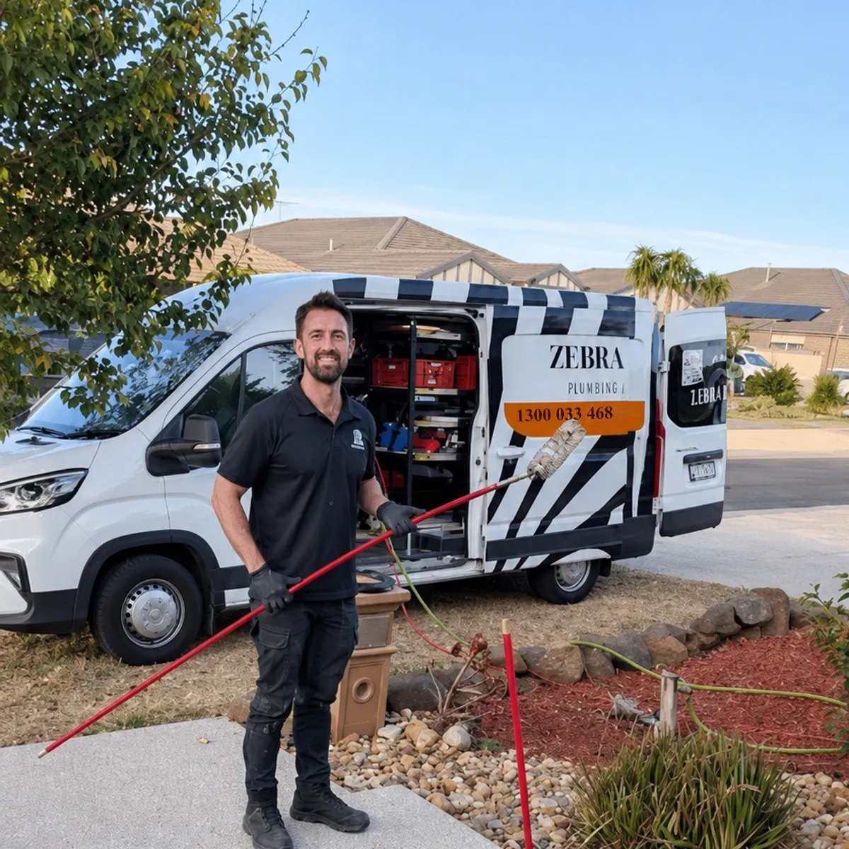 Byron with the drain rods at the fully stocked Zebra Plumbing van on a Melbourne job