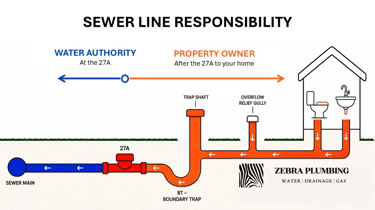 Diagram showing sewer line responsibility: the water authority maintains the main up to the 27A connection point, the property owner is responsible from the 27A to the home, including the boundary trap