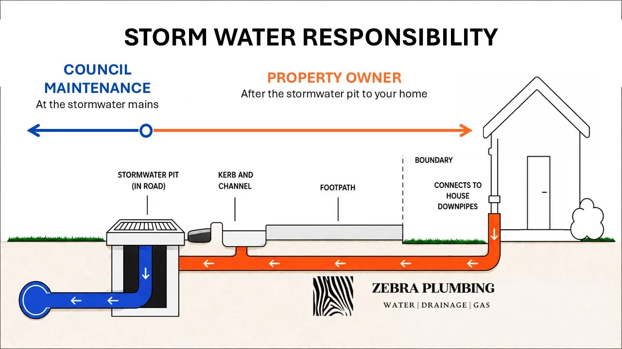Diagram showing stormwater responsibility: council maintains the stormwater mains and pit in the road, the property owner is responsible from the home to the stormwater pit