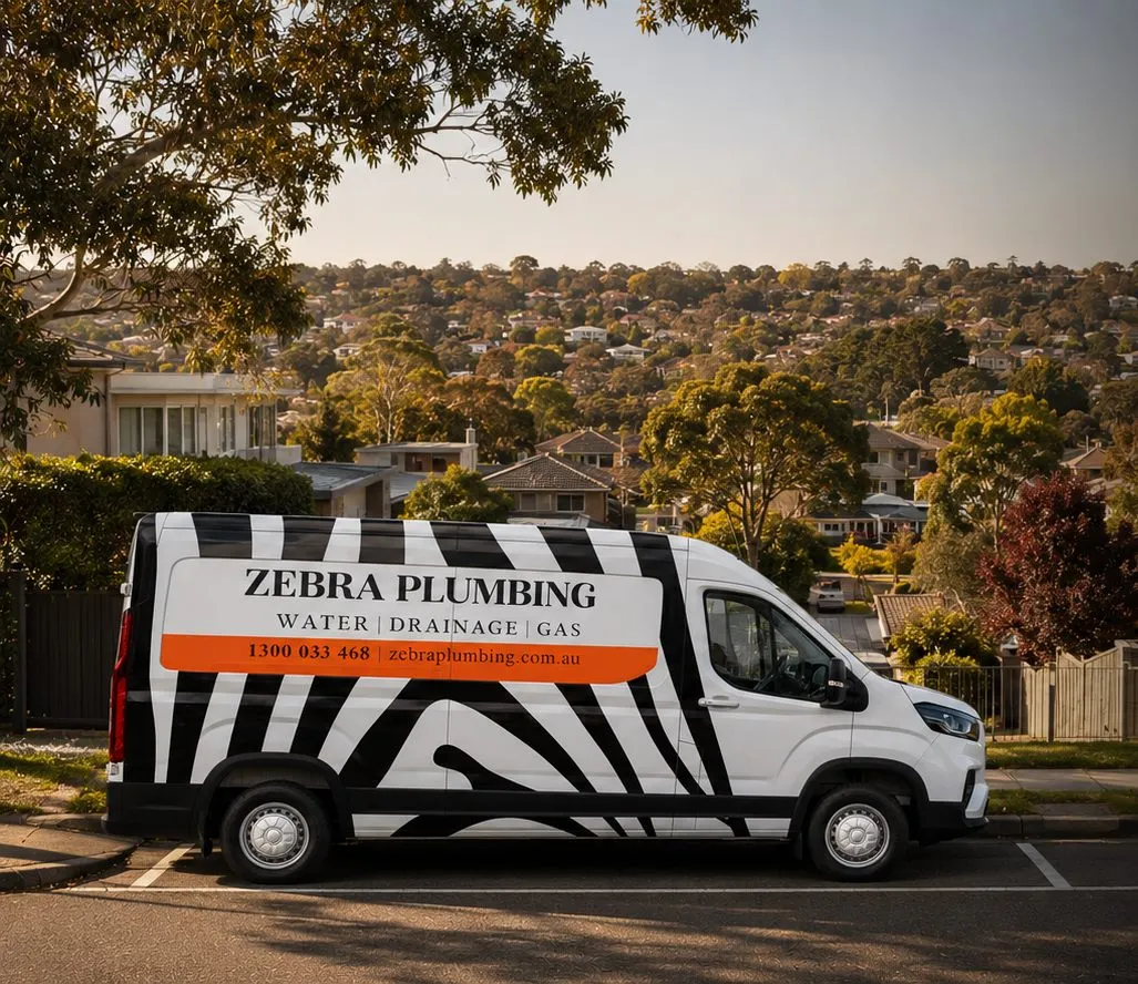 Zebra Plumbing van parked kerbside on a local street
