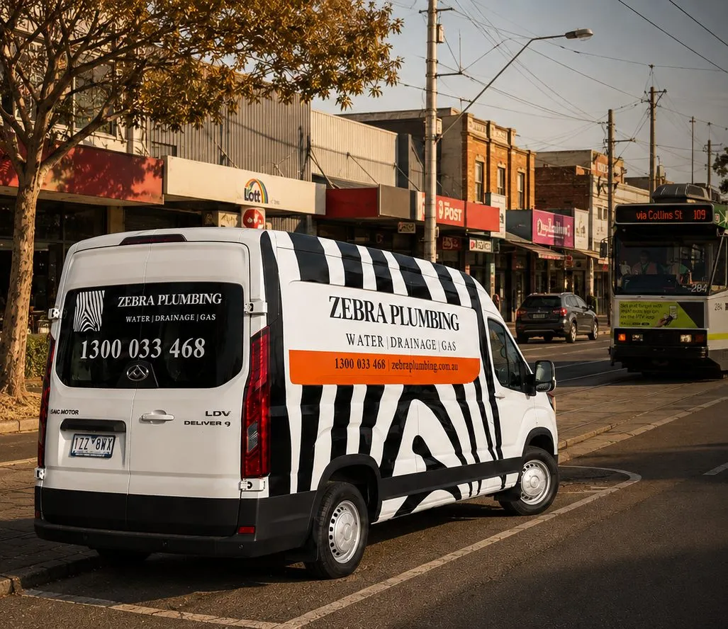 Zebra Plumbing van parked kerbside on a local street