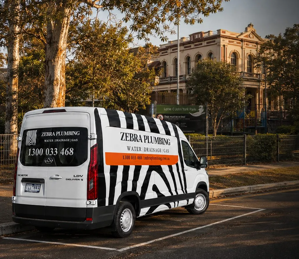 Zebra Plumbing van parked kerbside on a local street