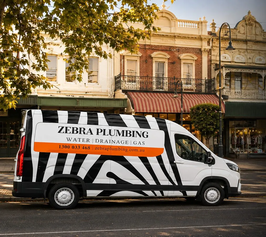 Zebra Plumbing van parked kerbside on a local street
