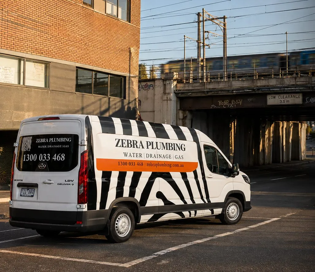 Zebra Plumbing van parked kerbside on a local street
