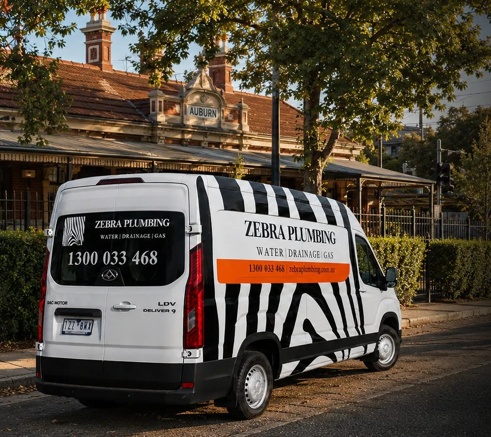 Zebra Plumbing van parked kerbside on a local street