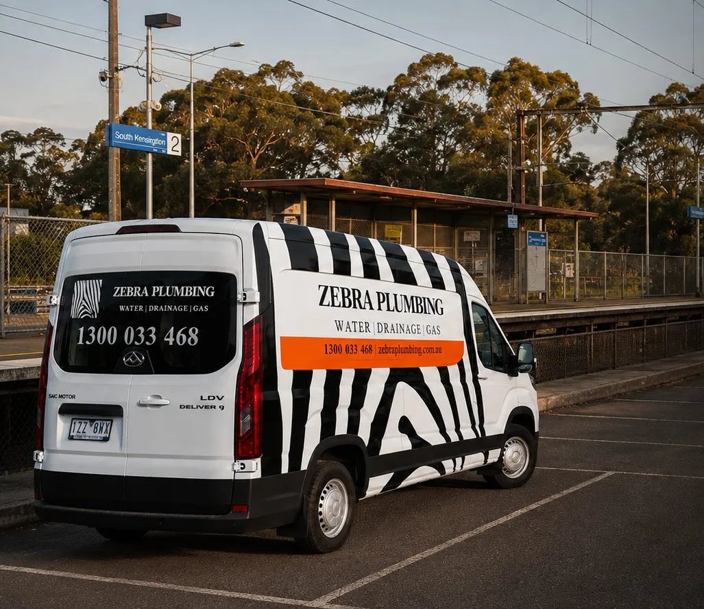 Zebra Plumbing van parked kerbside on a local street