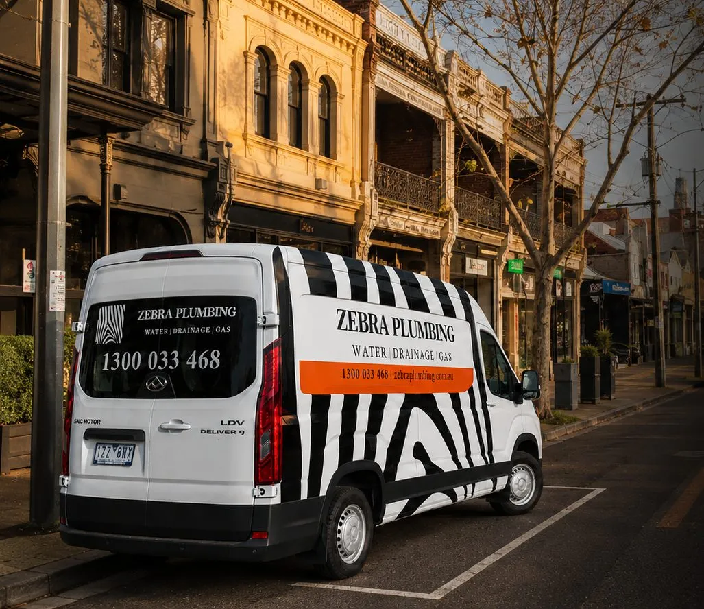 Zebra Plumbing van parked kerbside on a local street